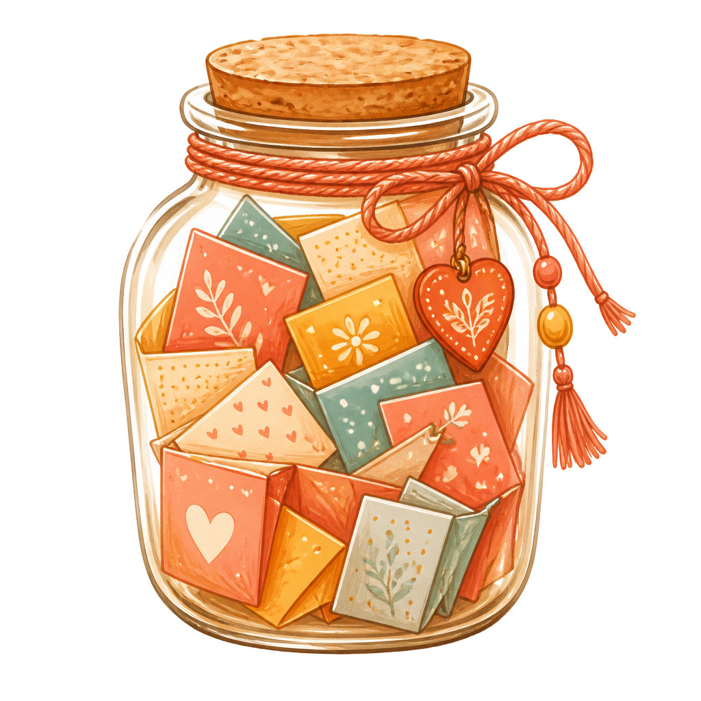 A glass jar filled with colorful folded memory notes